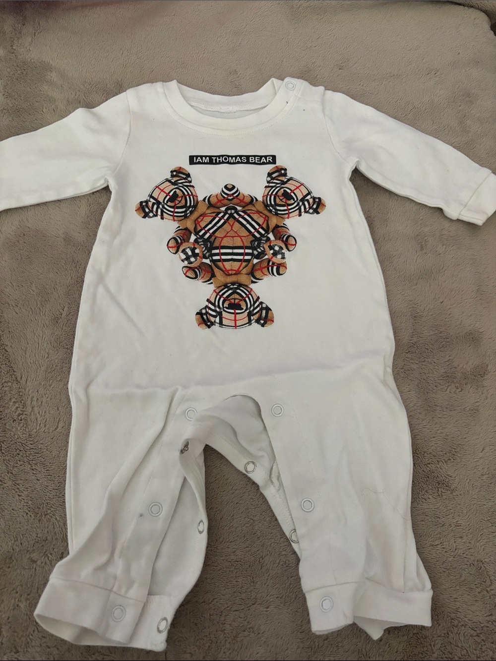 White Kids One-Piece with Plaid Bear Graphic